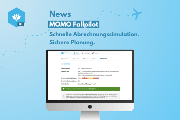 Desktop, auf dem die Ergebnisansicht des MOMO Fallpiloten zu sehen ist. Darüber steht: News, MOMO Fallpilot, Schnelle Abrechnungssimulation. Sichere Planung. Das Bild verweist auf eine Pressemitteilung über Tiplus neues Tool MOMO Fallpilot für Fallplanung und Abrechnungssimulation in Krankenhäusern.