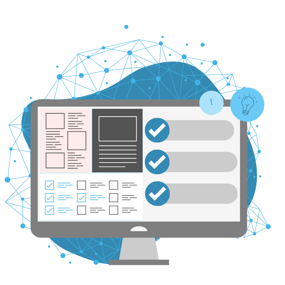 Schematische Darstellung der Kodiersoftware für Rightcoding und Erlössicherung MOMO. Semantische Suche: Ein PC-Desktop mit Dokumenten und Künstlicher Intelligenz im Hintergrund als neuronales Netz symbolisiert.