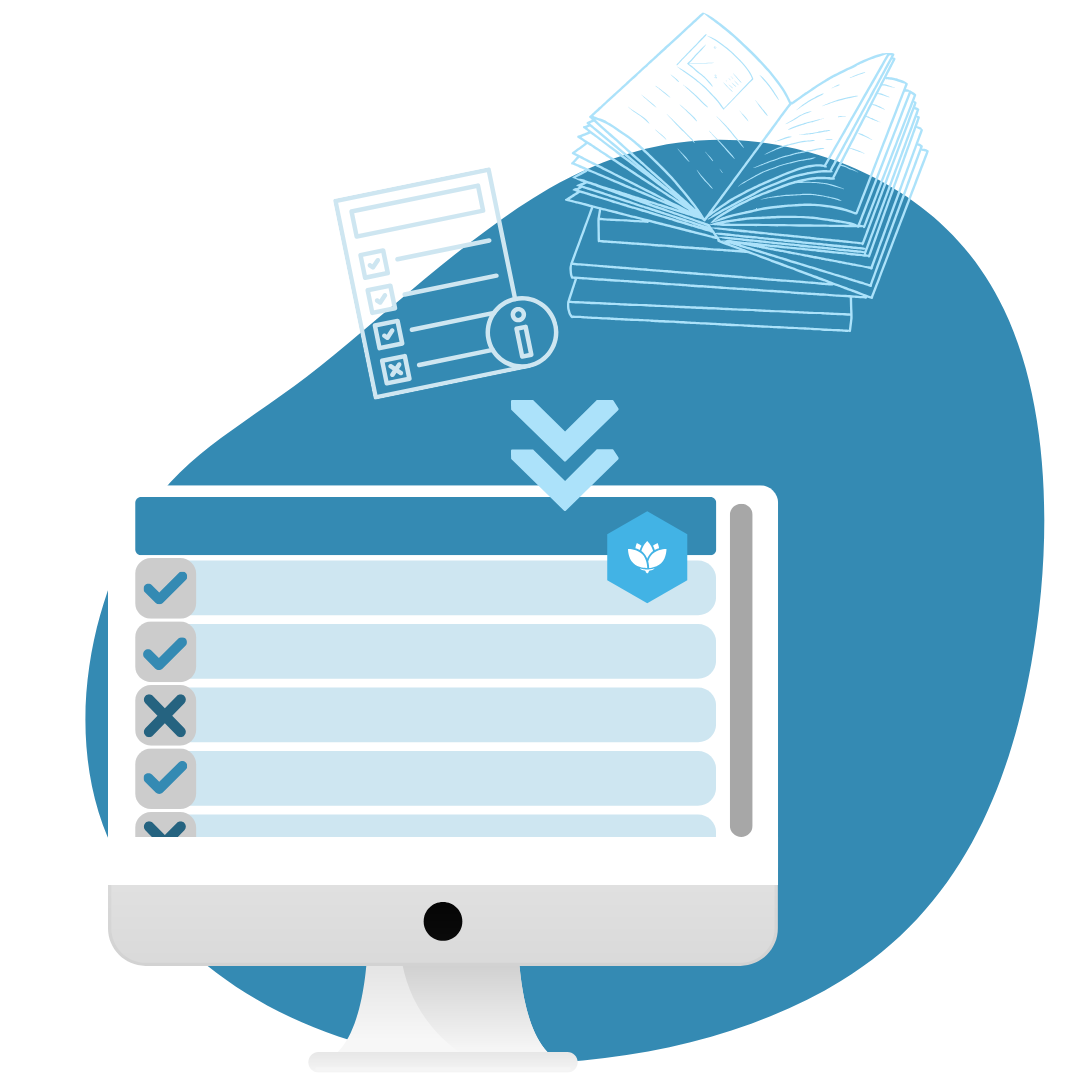 Schematische Darstellung der Kodiersoftware für Rightcoding und Erlössicherung MOMO. Regelwerk: Ein PC-Desktop mit Buch und Liste.