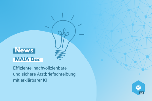 KI-generierte Arztbriefe / Arztbriefe schreiben mit KI: MAIA Doc. Blaues Teaserbild mit Glühbirne und Neuronennetz zum Artikel über erklärbare KI im Gesundheitswesen